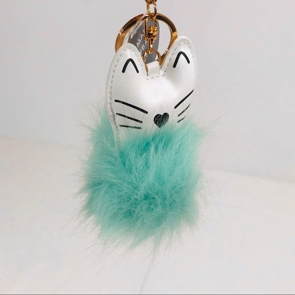 Eccolo Cat Pom Pom Key Chain, Black, White, Blue - Picture 1 of 6